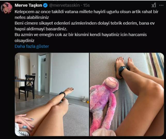 Ev hapsi alan Merve Taşkın kelepçesiyle poz verdi 2